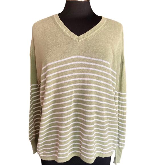 Lou & Grey Linen Blend Moss Green Striped Sweater MEDIUM Nautical Coastal Summer - Picture 2 of 8